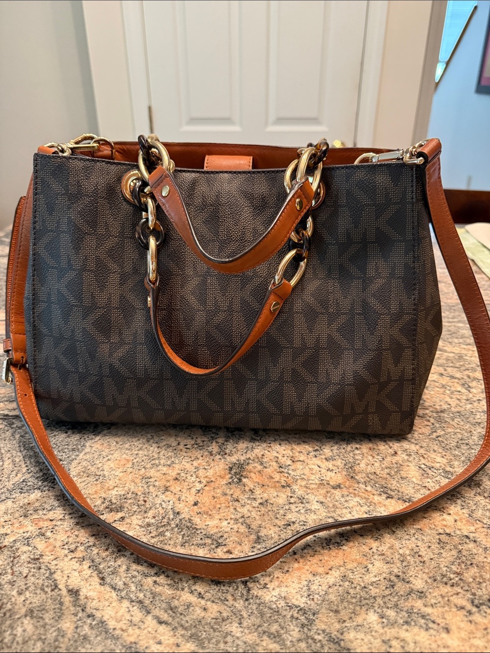Michael Kors Brown MK Logo Satchel with Tan Trim and Chain Handles